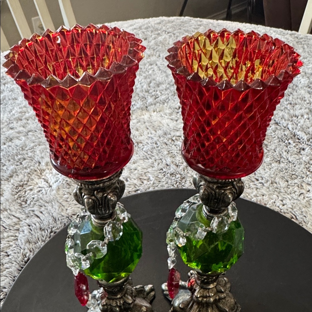 Hollywood‎ Regency Green Lucite 8" Candlestick Holders Candles Mid Century Pair - Picture 8 of 15